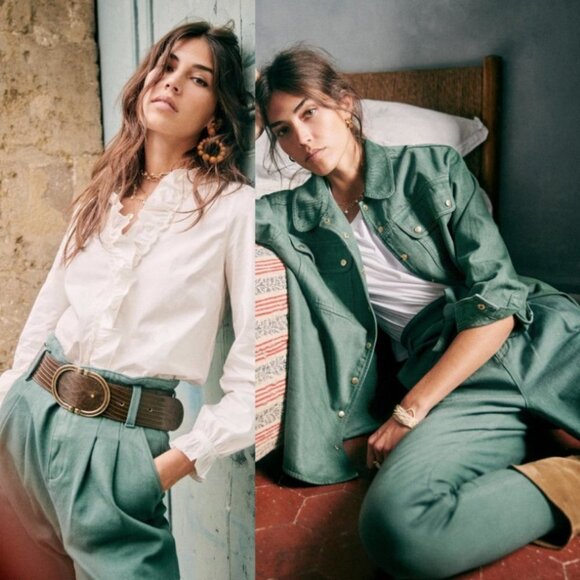 Sezane High Rise Paperbag Waist Pants Size 38 French US Size 6 Jade Green Boho - Picture 2 of 16